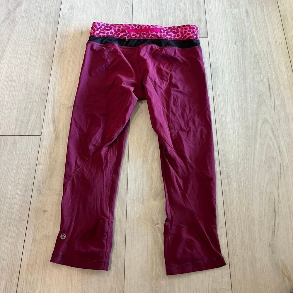 lululemon athletica Wine Red Cropped Leggings with Pink Leopard Waistband - Picture 6 of 9